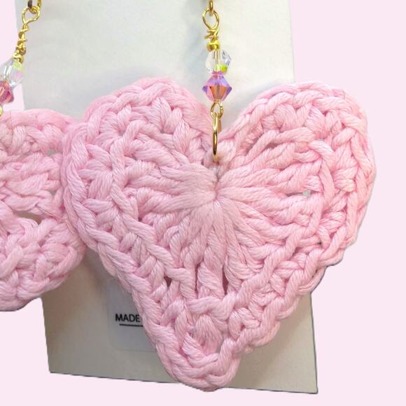 Handmade Crochet Heart Earrings Pink Statement Dangle Swarovski Crystals NEW - Picture 4 of 8